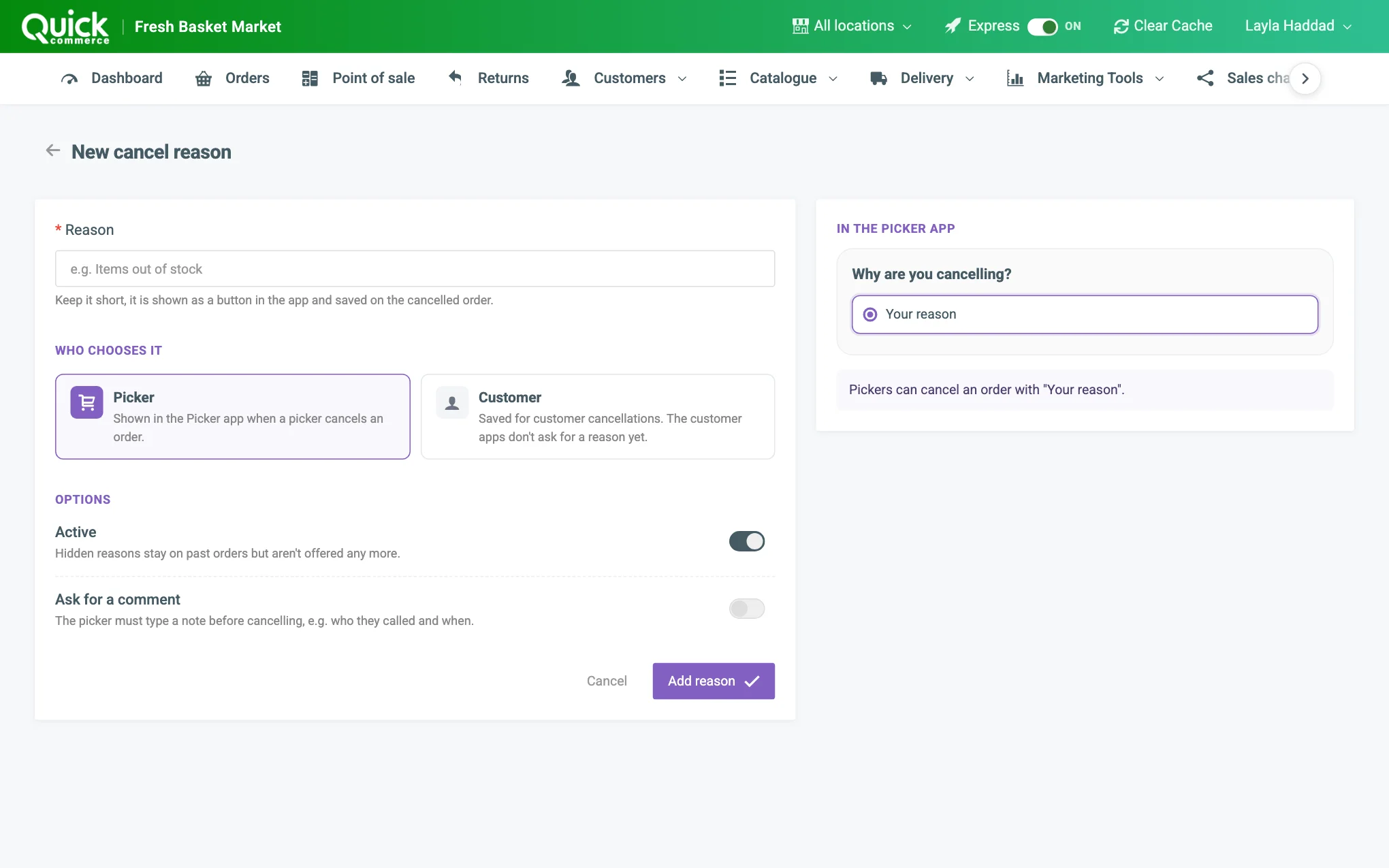 The New cancel reason form with the Picker app preview