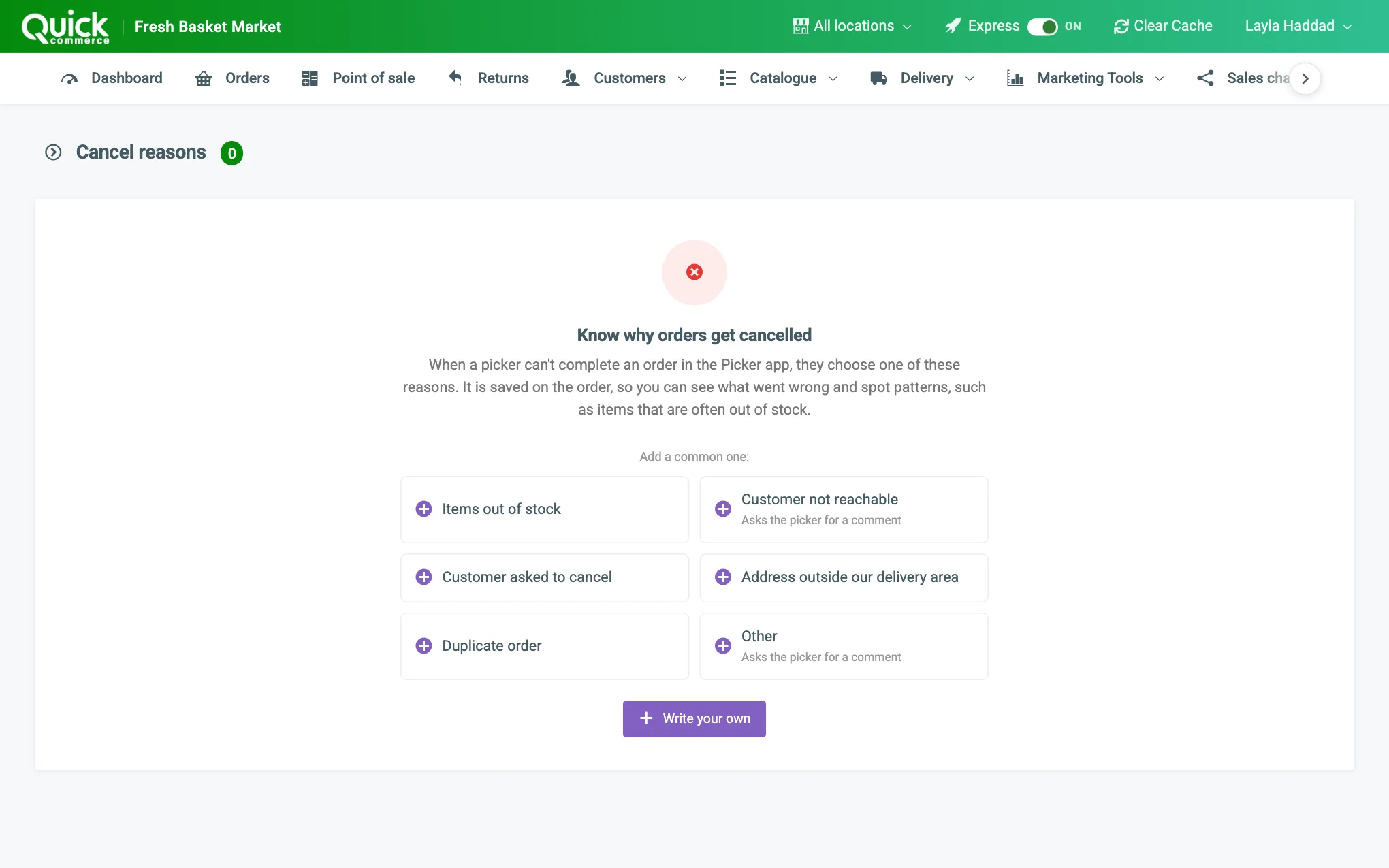 The Cancel reasons list
