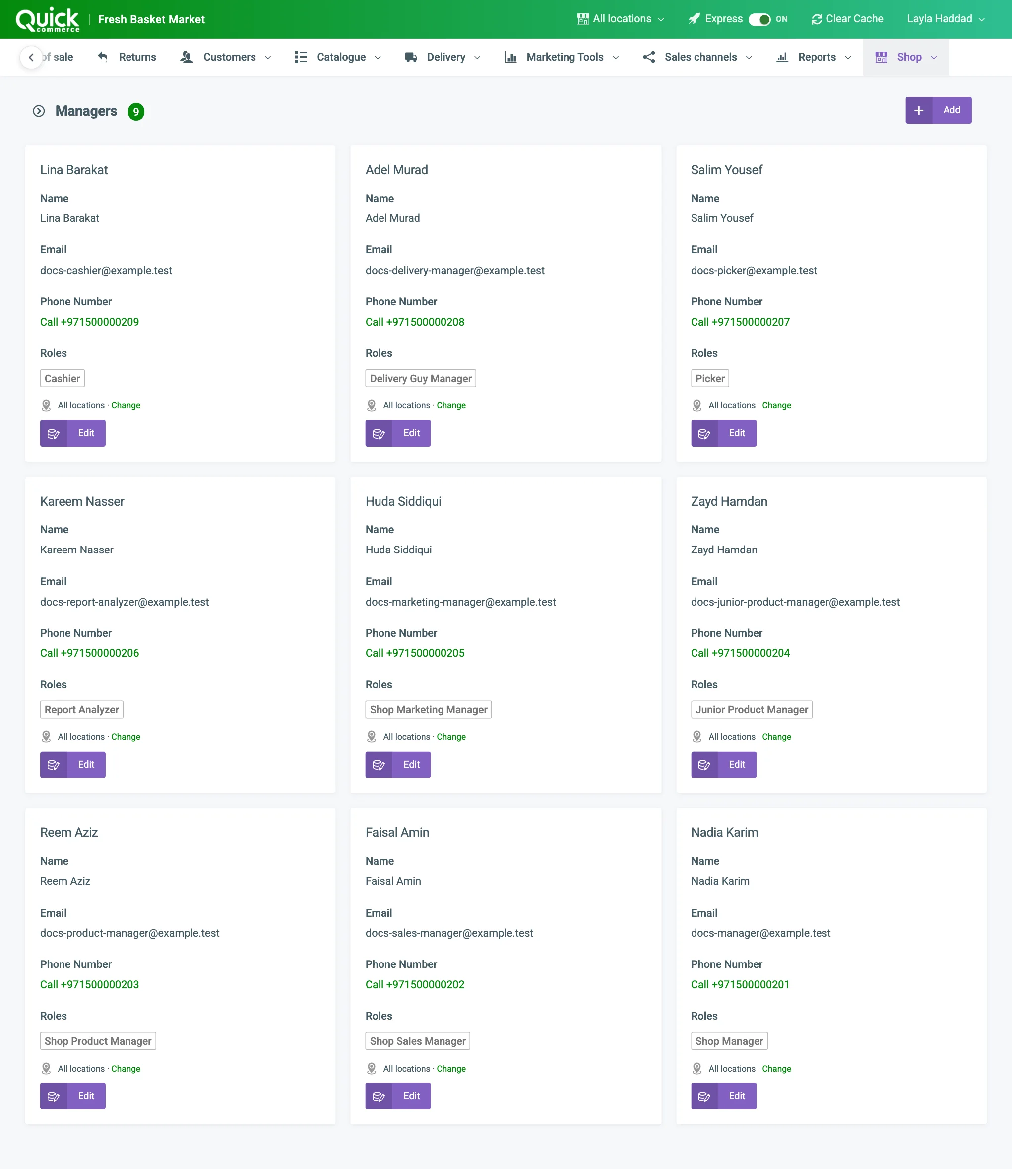 The Managers page with one card per team member